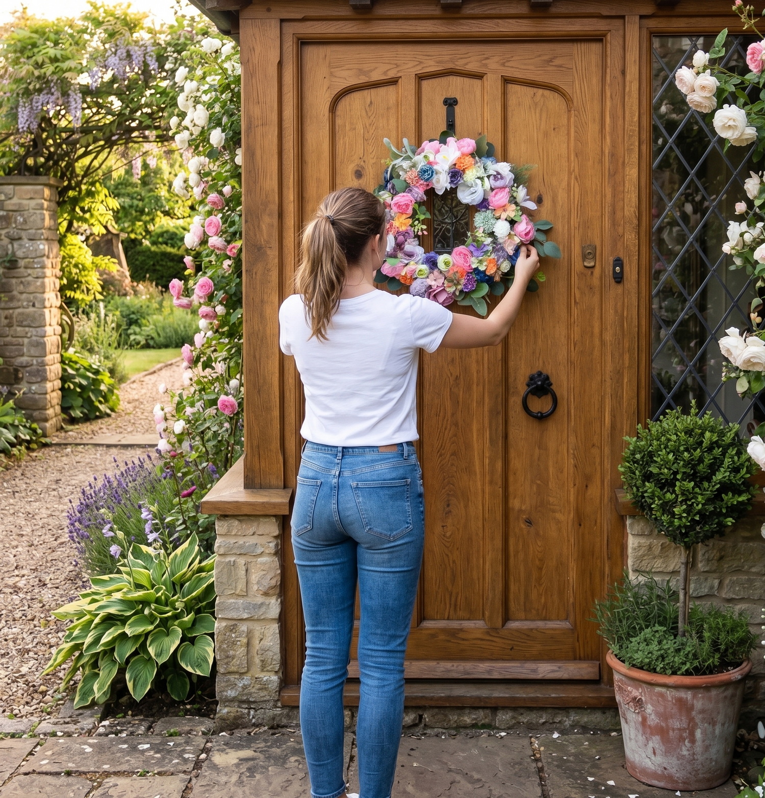 three of our favourite pink silk ribbons adding the perfect finishing touch to a bouquet of mixed pinks and summer blue