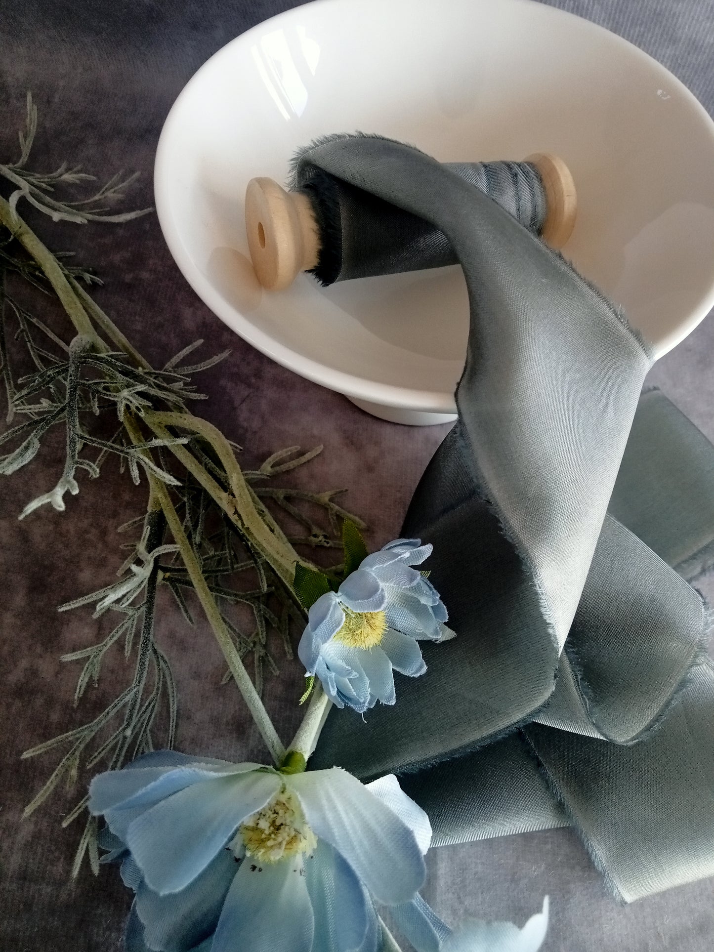 Hand dyed eucalyptus silk ribbon