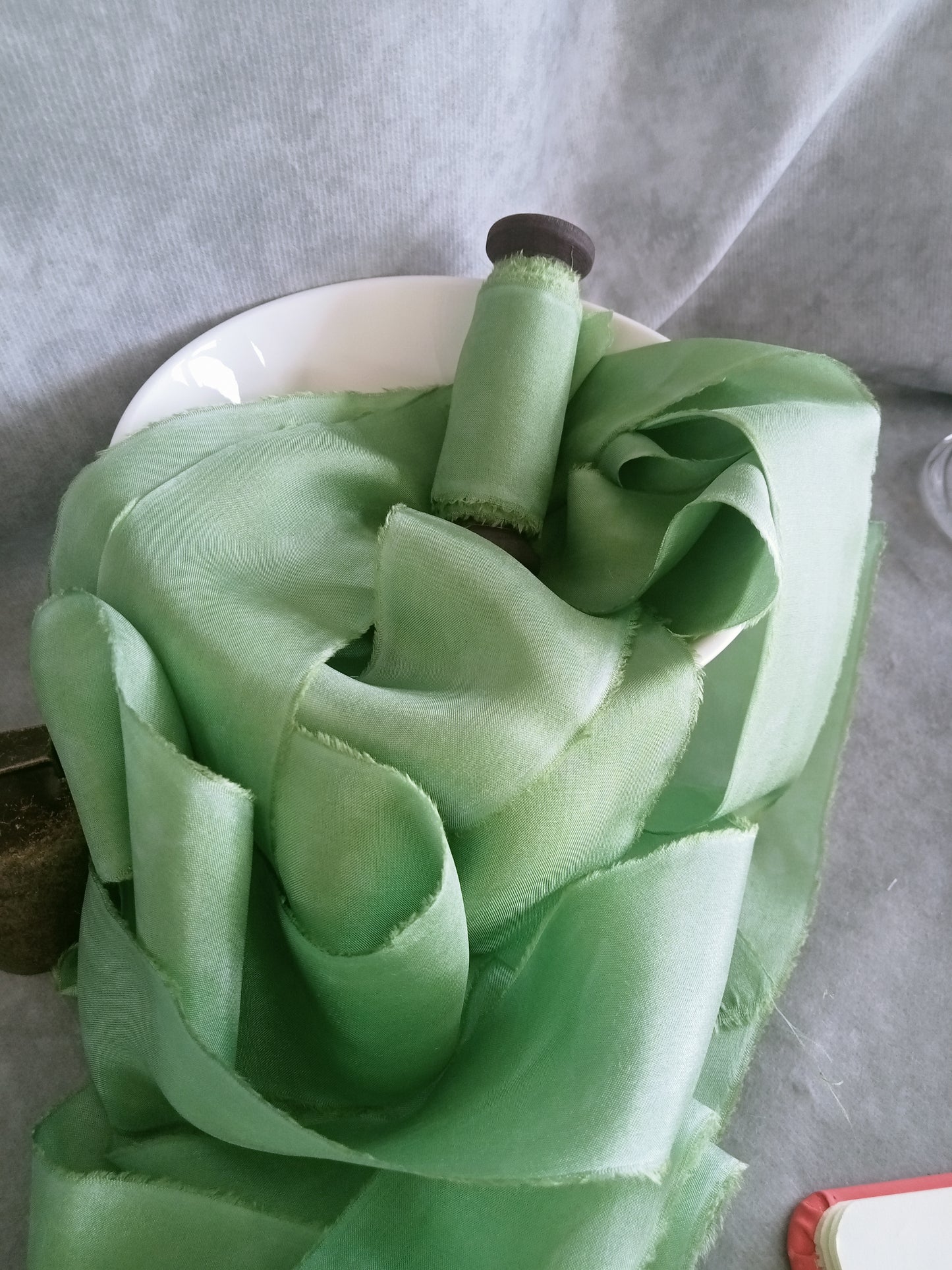 Hand dyed meadow green silk ribbon