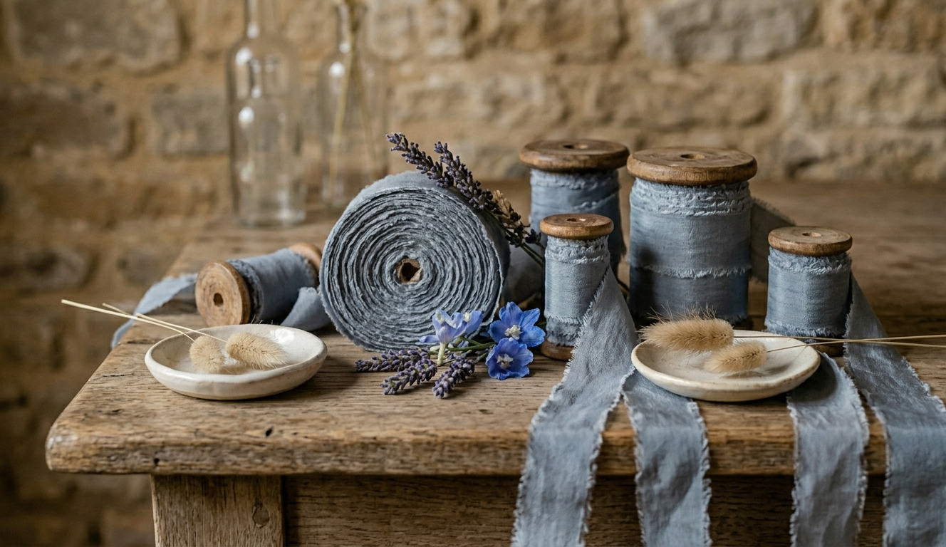 Hand dyed blue smoke silk ribbon