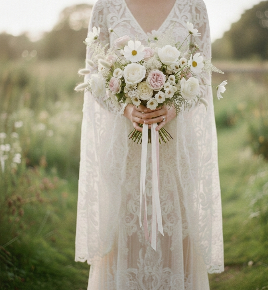 Hand made white silk ribbon